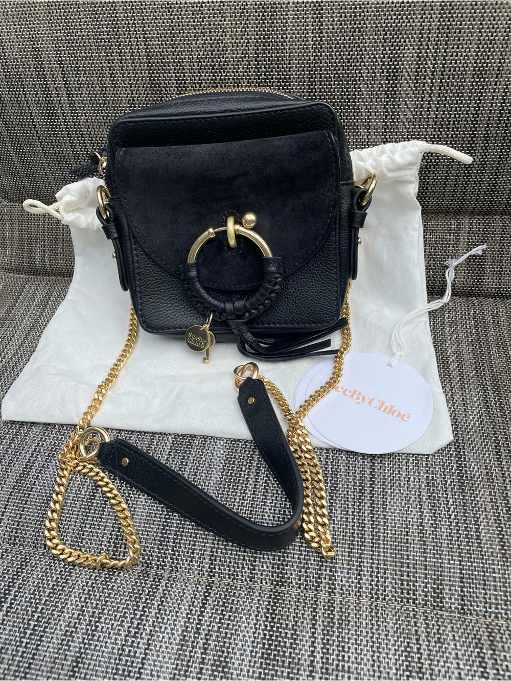 See By Chloe Black Suede & Textured Leather Mini Crossbody with Gold Hardware